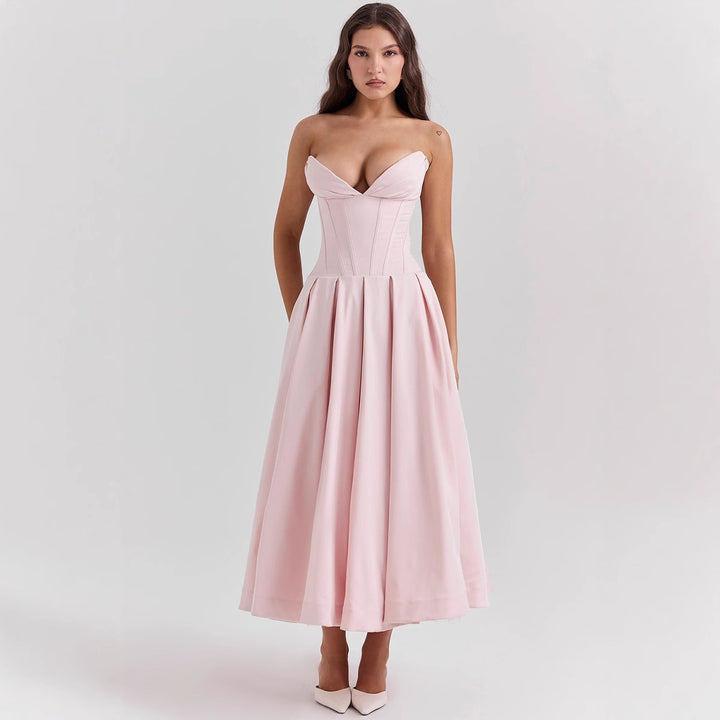 Women's strapless corset midi dress with pre-shaped bodice construction and flared circle skirt Mune Fashion