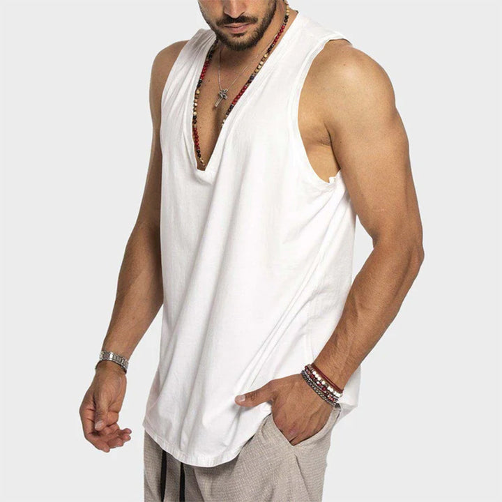 Men's deeply cut sleeveless top with V-neck and relaxed flowing fit Mune Fashion