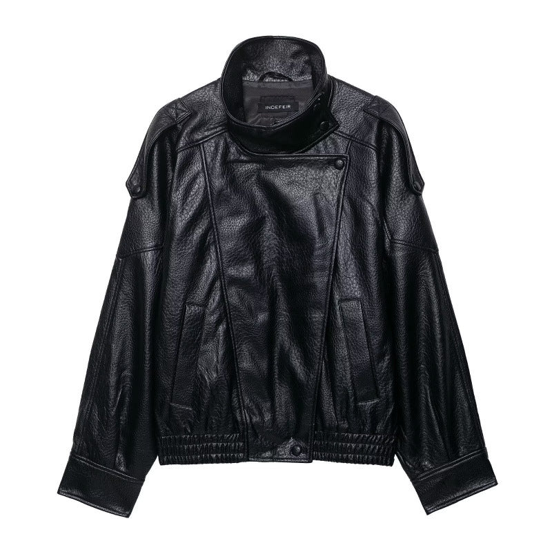 Women's Cropped Faux Leather Bomber with Asymmetric Snap Placket and Funnel Neck Mune Fashion