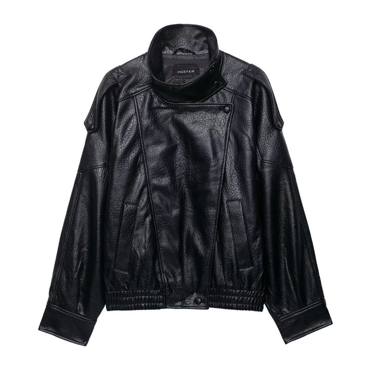 Women's Cropped Faux Leather Bomber with Asymmetric Snap Placket and Funnel Neck Mune Fashion