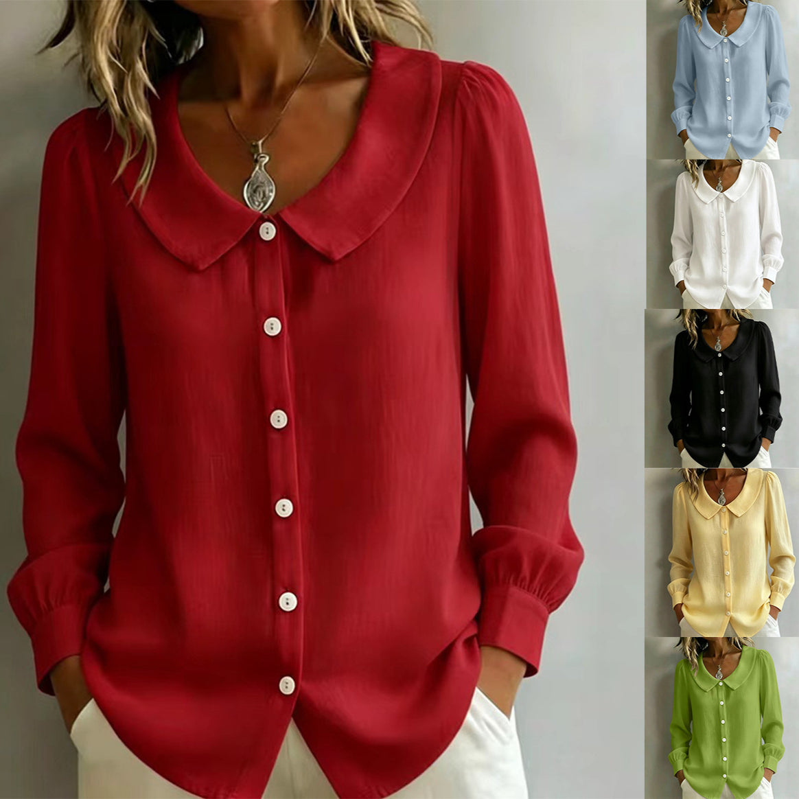 Women Loose Fit Blouse with Round Collar, Puff Sleeves and Pearl Button Placket Mune Fashion