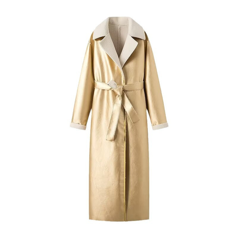Women's longer vegan coat made of faux leather with teddy lining and tie belt Mune Fashion