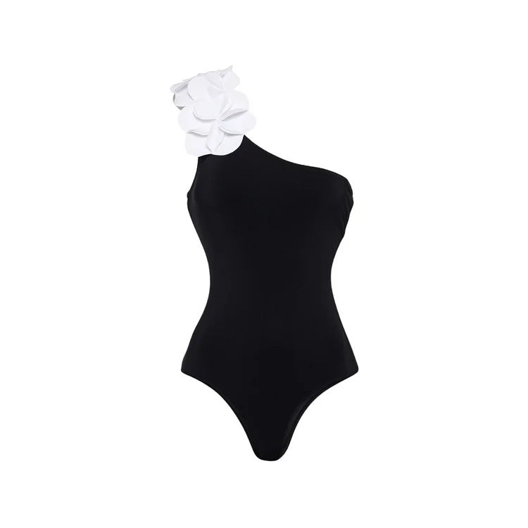Ladies swimsuit with asymmetric cut and floral appliqués Mune Fashion