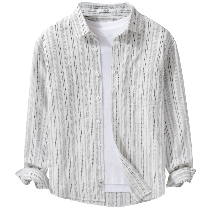 Men's Lightweight Linen-Cotton Shirt in Striped Relief with Kent Collar and Chest Pocket Mune Fashion