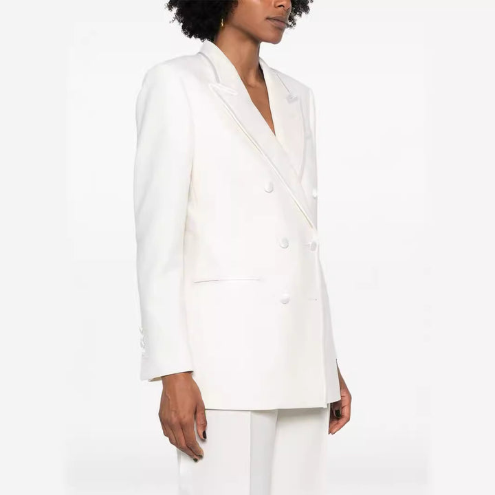 Women's Double-Breasted Long Blazer Pantsuit with Marlene Wide Leg Pants and Slim Silhouette Mune Fashion