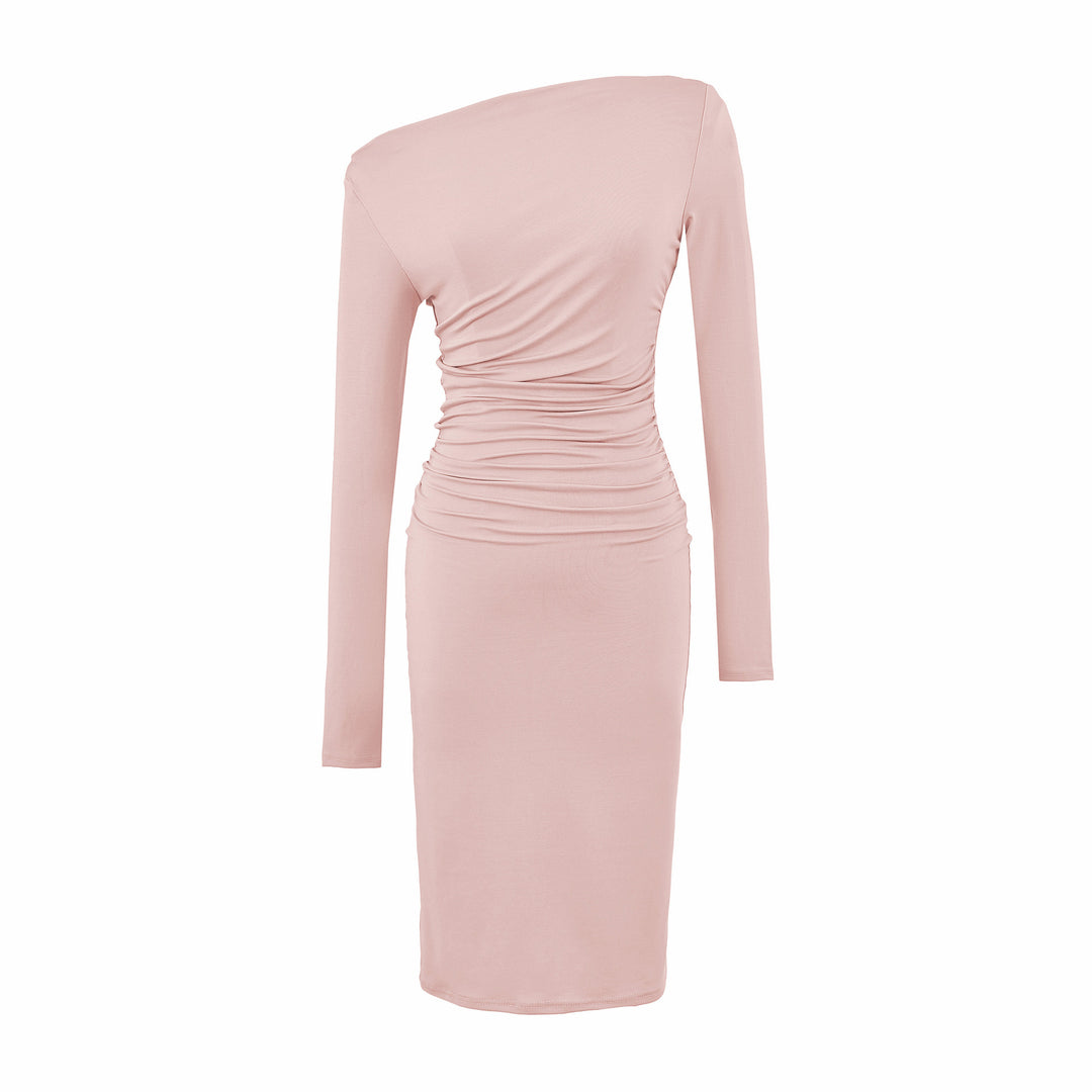 Women's Asymmetric One-Shoulder Midi Dress with Gathering and Long Sleeve Mune Fashion