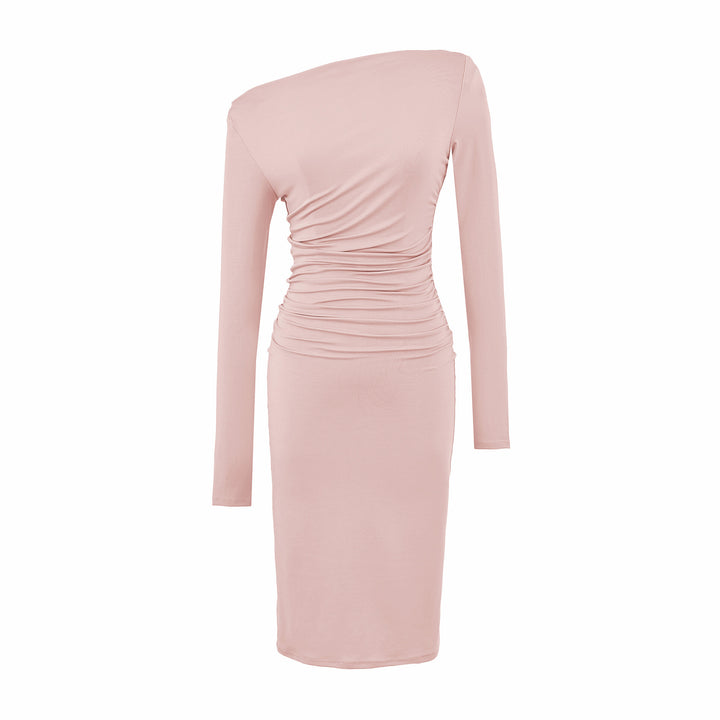 Women's Asymmetric One-Shoulder Midi Dress with Gathering and Long Sleeve Mune Fashion