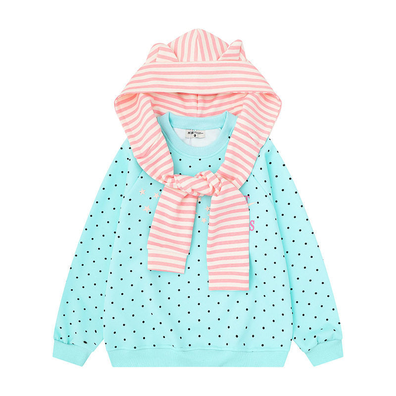 Women's Polka Dot Sweatshirt with Attached Striped Hood-Scarf and Star Appliqué Mune Fashion