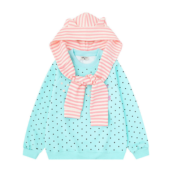 Women's Polka Dot Sweatshirt with Attached Striped Hood-Scarf and Star Appliqué Mune Fashion