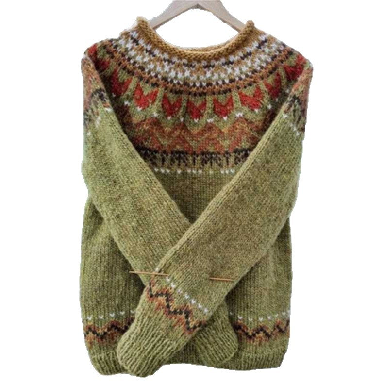 Women's Norwegian sweater made of wool blend with round neck and traditional Fair Isle yoke Mune Fashion