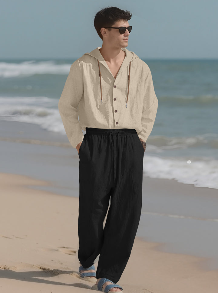 Men's casual hoodie shirt with continuous button placket, decorative drawstring, and relaxed fit Mune Fashion