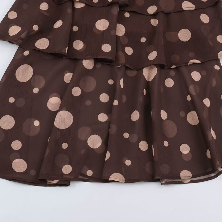 Women's Tiered Chiffon Midi Dress with Ruffles, Transparent Balloon Sleeves and Polka Dot Print Mune Fashion