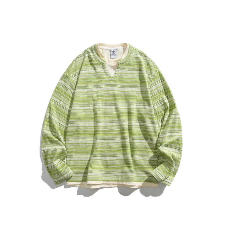 Unisex Striped Long Sleeve Shirt with V-Notch and Layer Effect Mune Fashion