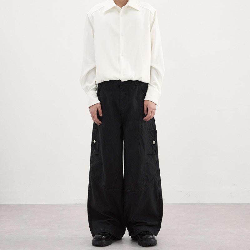 Men's Wide Palazzo Pants with Curved Seam Panels and Snap Button Pockets Mune Fashion