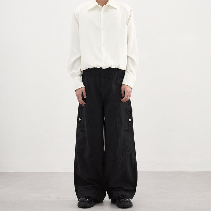 Men's Wide Palazzo Pants with Curved Seam Panels and Snap Button Pockets Mune Fashion