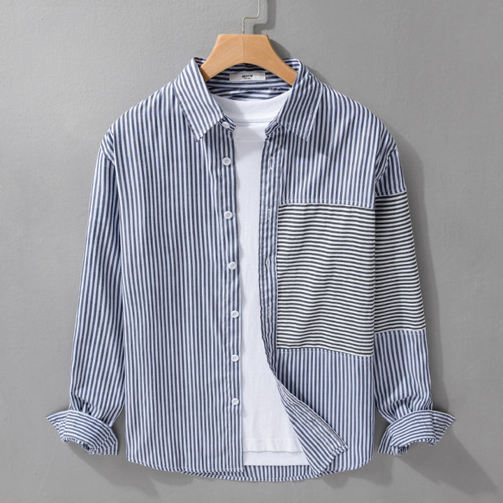 Men's Striped Patchwork Shirt with Chest Patch and Relaxed Fit Mune Fashion