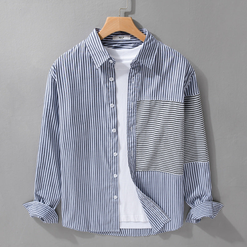 Men's Striped Patchwork Shirt with Chest Patch and Relaxed Fit Mune Fashion