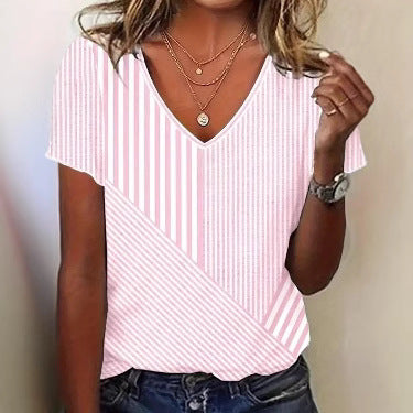 Women striped V-neck blouse with asymmetrical stripe mix and short sleeves Mune Fashion
