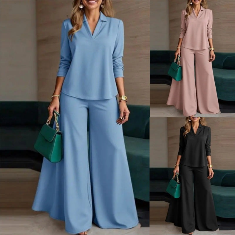 Ladies Elegant Two-Piece Palazzo Set with Shirt Collar Top and Wide Leg Mune Fashion