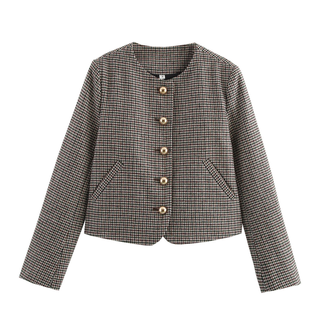 Women's tailored short jacket in houndstooth pattern with golden decorative buttons and angled pockets Mune Fashion