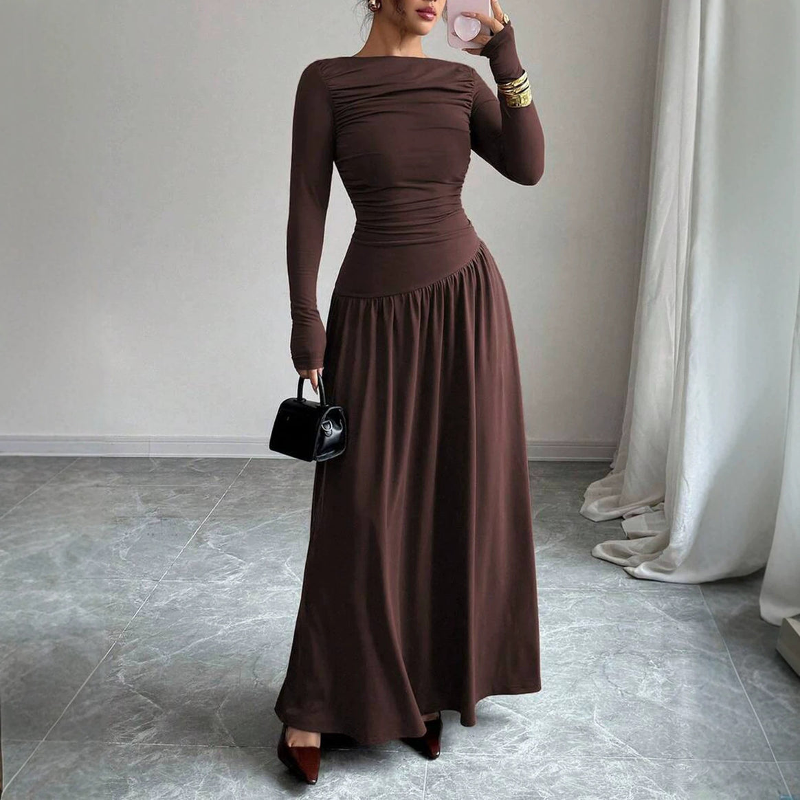 Ladies Maxi Dress with Ruched Bodice, Fitted Waist and Long Sleeve Mune Fashion