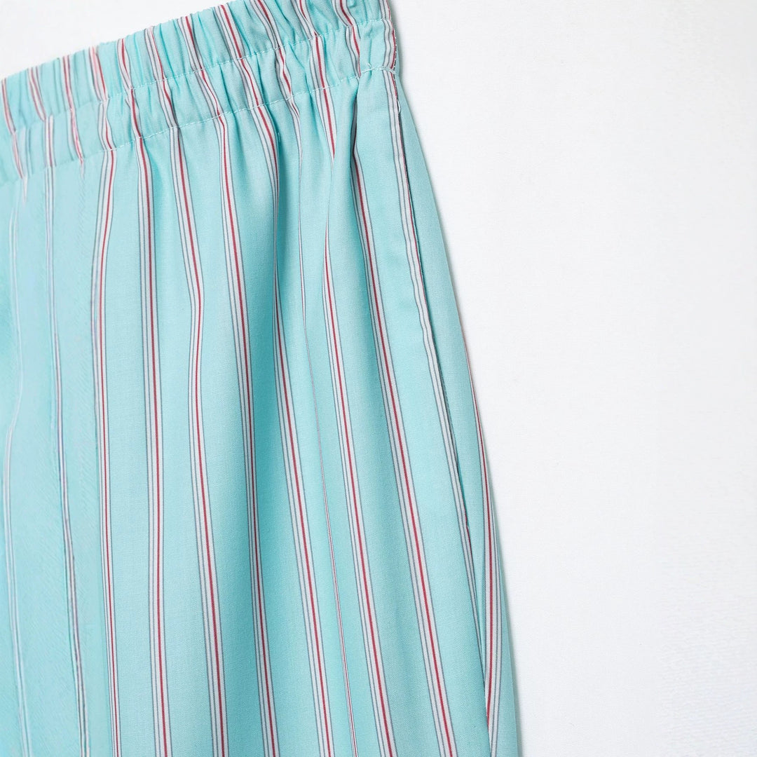 Women's Wide Culotte Pants with Elastic Waistband, Fine Vertical Stripes and Wave Edge Mune Fashion