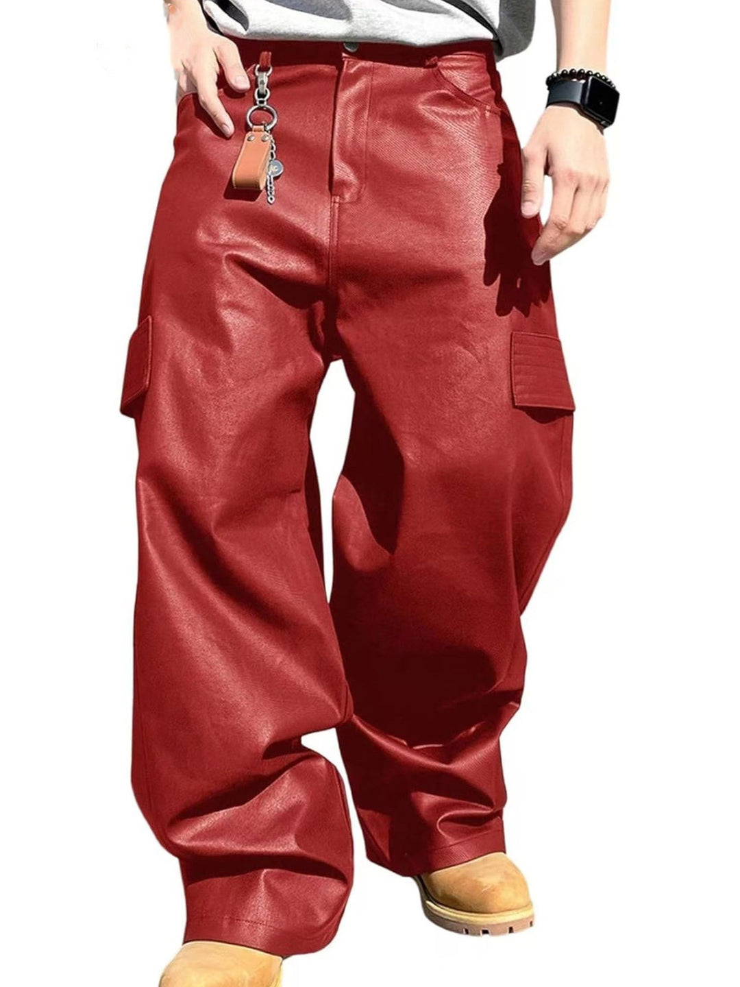 Men's Wide Cut Cargo Pants in Leather Look with Flap Pockets Mune Fashion