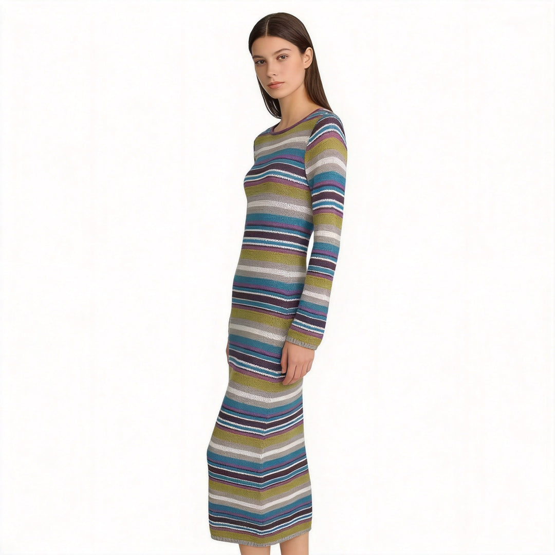 Women's Fitted Fine Knit Midi Dress with Striped Pattern and Round Neckline Mune Fashion