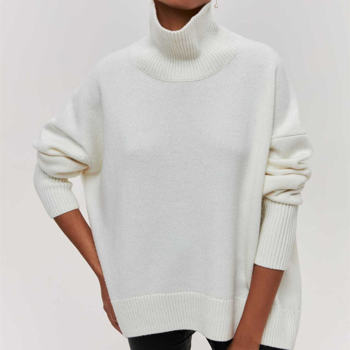Women Cozy Oversized Turtleneck Sweater with Concealed Side Slits and Extra Long Ribbed Hem Mune Fashion