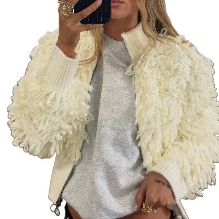 Women's short cardigan with fluffy bouclé look, zipper and wide ribbed hem Mune Fashion
