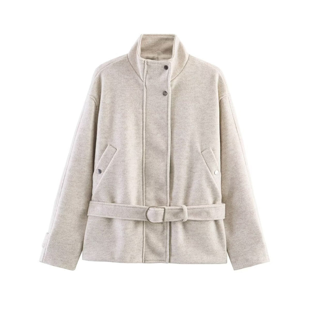 Women's Boxy Wool Jacket with Stand-Up Collar, Concealed Snap Button Placket and D-Ring Waist Belt Mune Fashion