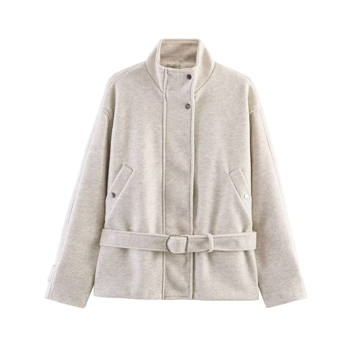 Women's Boxy Wool Jacket with Stand-Up Collar, Concealed Snap Button Placket and D-Ring Waist Belt Mune Fashion