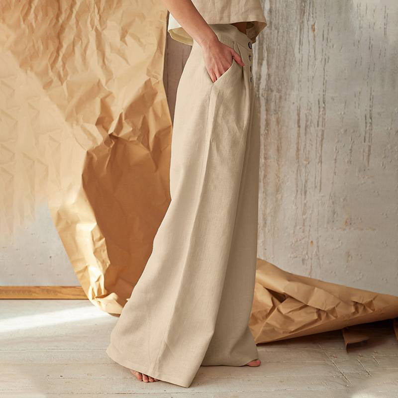 Women's wide linen pants with high waist and side pockets Mune Fashion