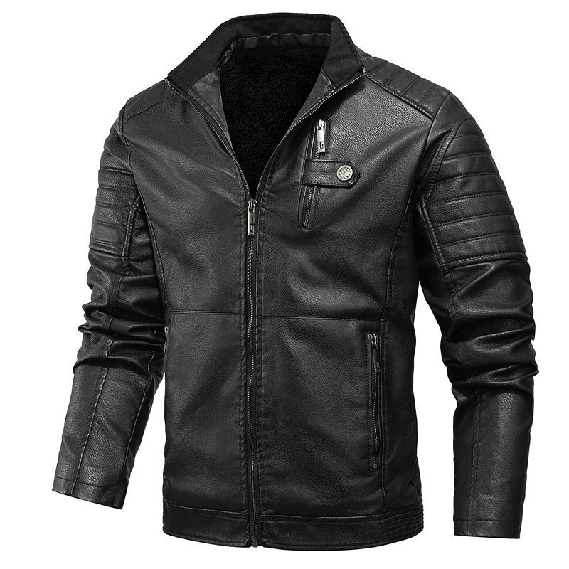 Men's Faux Leather Moto Jacket with Quilted Shoulder Yoke and Warm Teddy Fleece Lining Mune Fashion