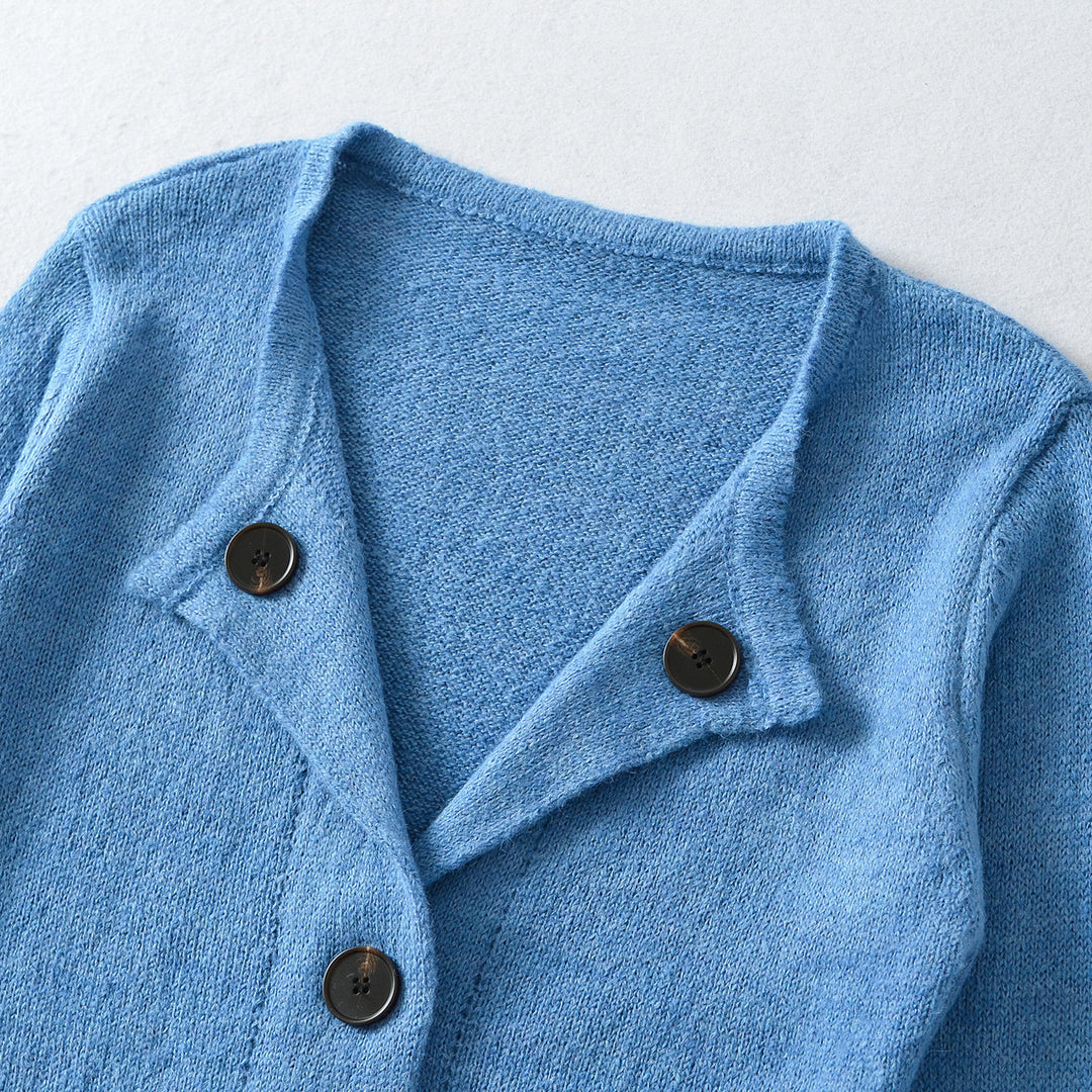 Women's Cropped Tailored Cardigan with Shawl Collar and Large Decorative Buttons Mune Fashion