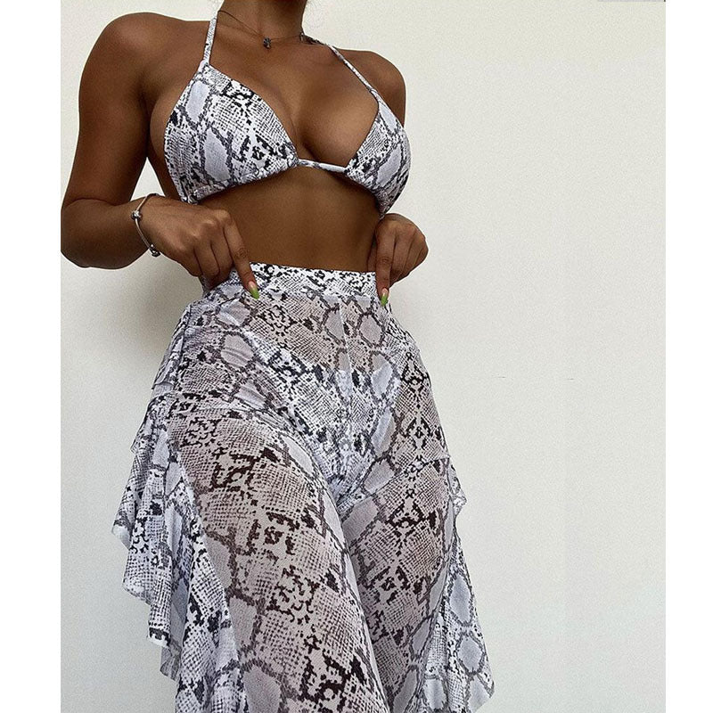 Women's bikini set with sophisticated snake pattern and flouncy skirt Mune Fashion