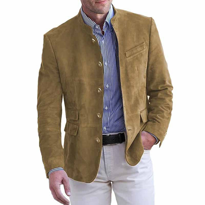 Men's Velour Leather Blazer with Stand Collar and Flap Pockets Mune Fashion
