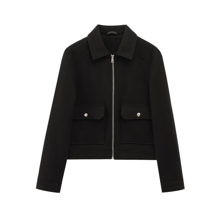 Ladies Short Wool Faux Field Jacket with Full Zipper and Four Flap Pockets Mune Fashion