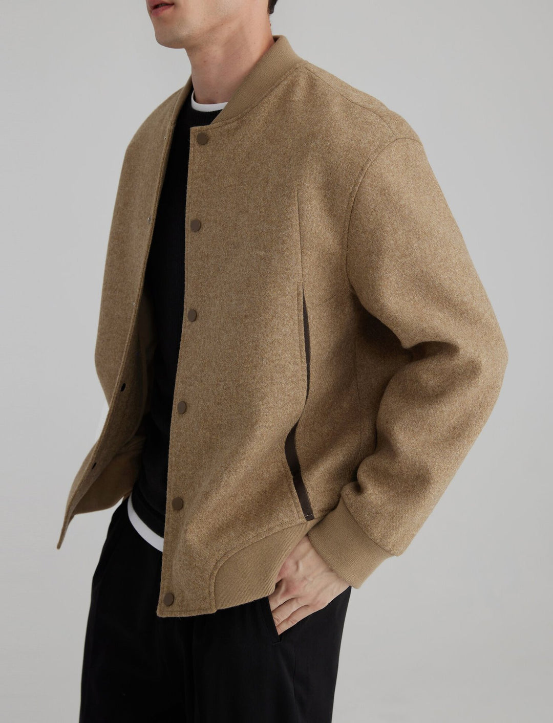 Men's wool bomber jacket with ribbed cuffs and concealed snap buttons Mune Fashion