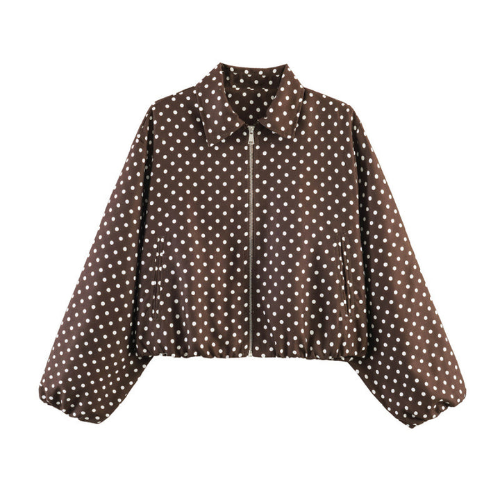 Women Polka Dot Cropped Bomber Jacket in Retro Look with Shirt Collar and Elastic Hem Mune Fashion