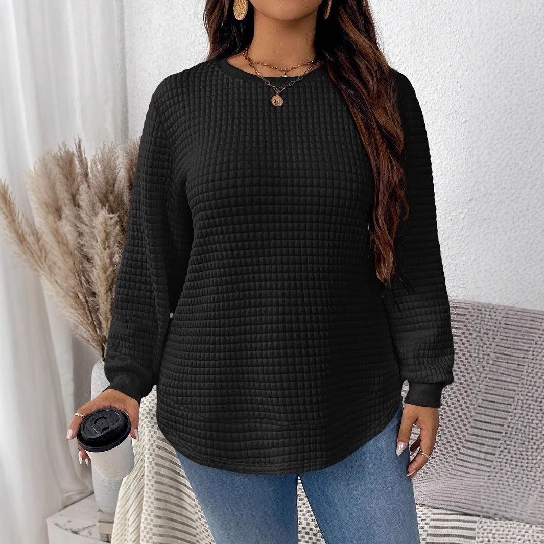 Women waffle knit long sleeve with round neckline, slightly A-line cut and ribbed cuffs Mune Fashion