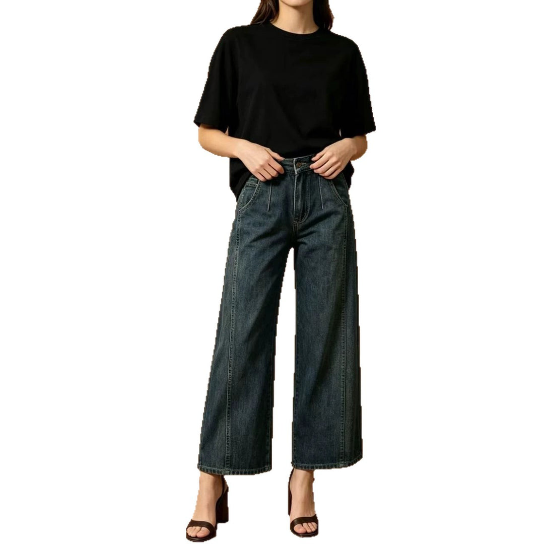 Women high waist pleated wide leg denim pants with cropped leg and decorative front pleats Mune Fashion