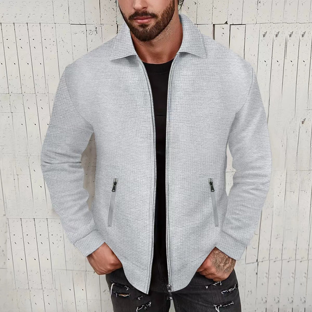 Men's nano minimalist stand collar fine knit transitional jacket with two-way zipper and concealed zip pockets Mune Fashion