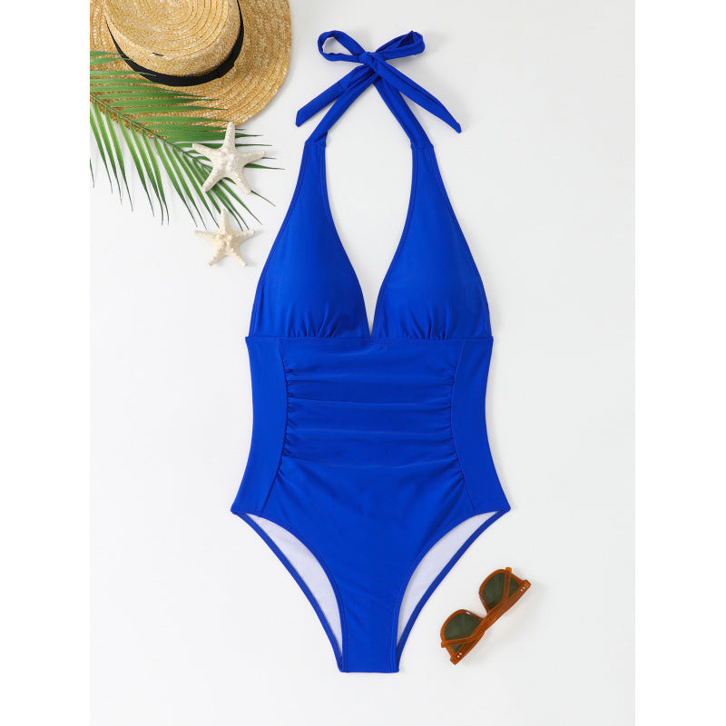 Women One-Piece Swimsuit with Playful Flower Design and V-Neck Mune Fashion