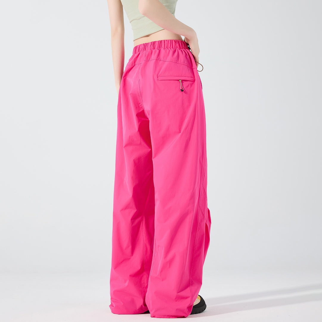 Women's Wide Nylon Baggy Pants with Elastic Drawstring Waistband & Utility Pockets Mune Fashion