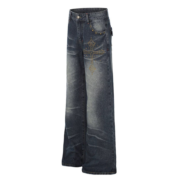 Women's Wide High-Waist Palazzo Jeans with Decorative Stone Cross Appliqué Mune Fashion