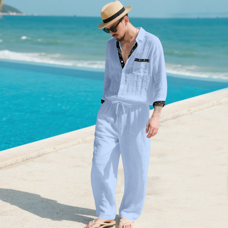 Men's Linen Look Loungewear Set with Drawstring Pants and Open Shirt Jacket Mune Fashion