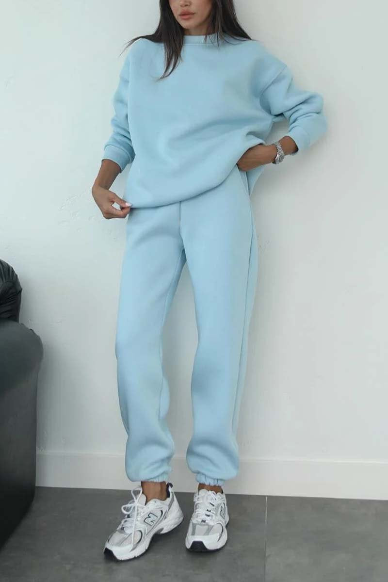 Women's minimalist cozy set made of heavy French terry with wide crew neck sweater and straight joggers Mune Fashion