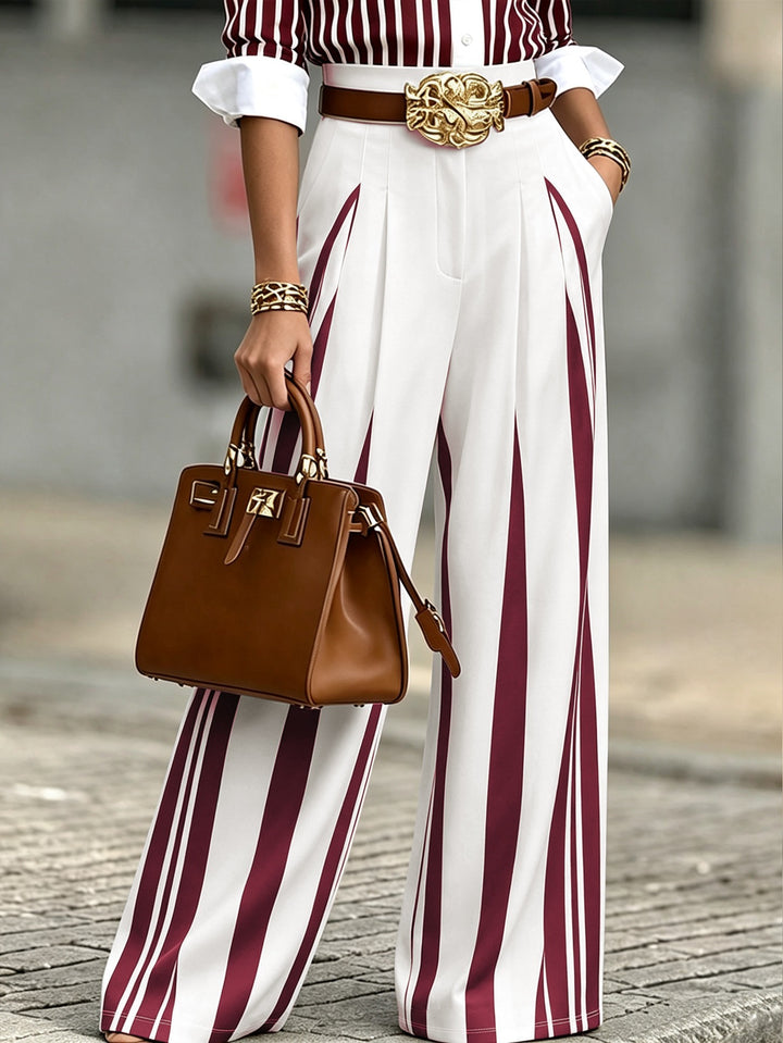 Women's High-Waisted Wide Palazzo Pants with Vertical Stripes and Pleats Mune Fashion
