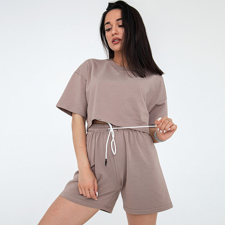 Women Two-Piece Cropped Lounge Set made of Cotton Jersey with Elastic Drawstring Shorts Mune Fashion